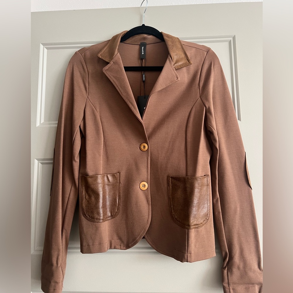 Light Brown Blazer with Leather Details